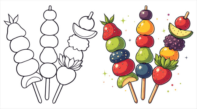 Fruit kabob Line Art Vector Illustration Black and White with Coloring Sample. Bold and Easy Food, Fruits, Sweets, Drinks, Dessert, and Snacks Coloring Pages for Adults and Kids