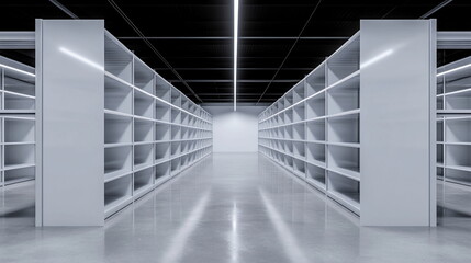 Modern Minimalist Warehouse Aisle with Empty Shelving Units