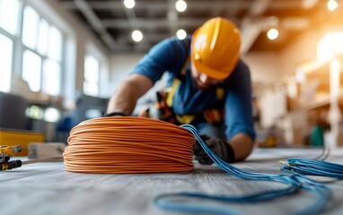 Wiring in Progress: Electrician Installing Ground Wire in Modern Office Space with Precision Tools