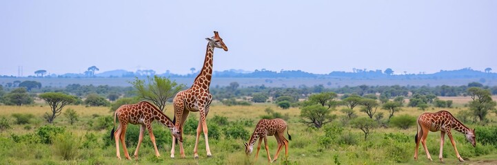 Three majestic giraffes standing tall in the national park of Kenya, surrounded by lush greenery, adventure, tall