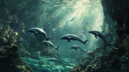 Naklejka premium dolphins swims in perfect harmony, their synchronized movements a spectacle of natural elegance