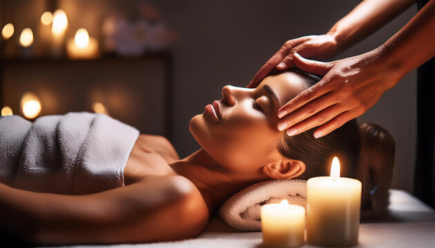 Una mujer relajada recibiendo un masaje en la sien una sala de spa
