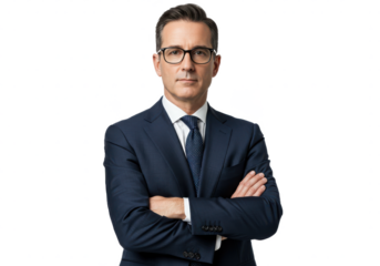 A professional middle-aged businessman in a navy suit, wearing glasses, with arms confidently crossed, isolated on a white background