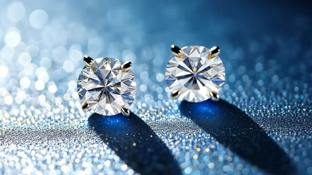Two diamond earrings are on a blue surface. They are both the same size and shape. The earrings are shiny and sparkly