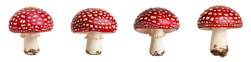 Obraz premium Close up photography of several red and white spotted poisonous Amanita mushroom caps growing in a natural forest environment The mushrooms are positioned on the forest floor with leafs twigs