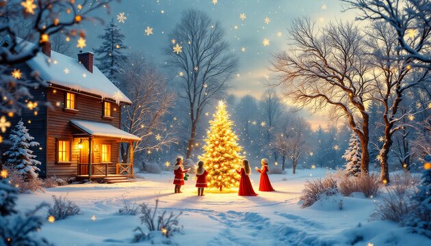 Joyful families celebrate Christmas in the snowy landscape near a cozy cabin under twinkling stars. Generative AI