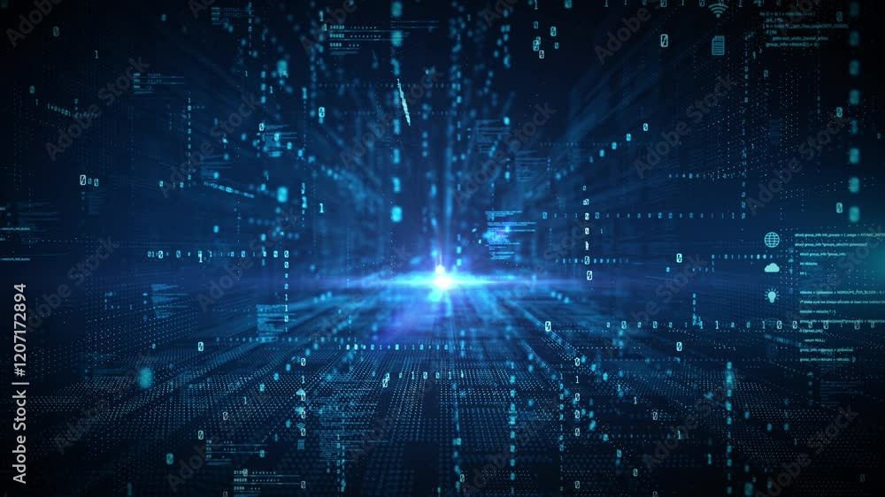 Fototapete Dynamic digital background featuring binary codes, Futuristic data network and blockchain connection, and Technology digital data transfer. Motion abstract background 4k