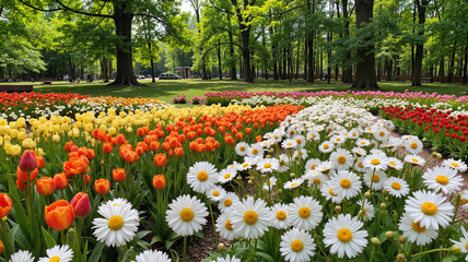 Fototapeta premium Field of daisies and tulips in a green park