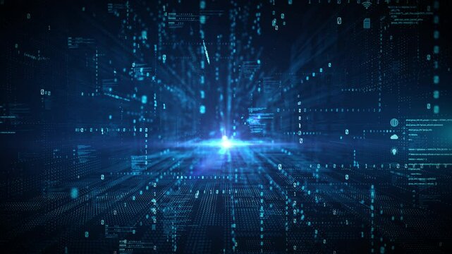 Dynamic digital background featuring binary codes, Futuristic data network and blockchain connection, and Technology digital data transfer. Motion abstract background 4k