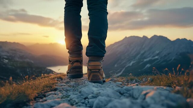 close up of male legs in hiking boots walking on the top of mountain