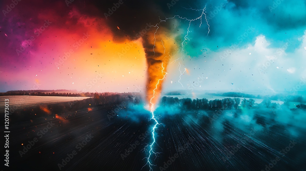 Poster aerial view of a tornado forming over open farmland with lightning illuminating the scene. typhoon