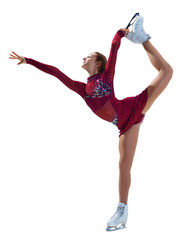 Talented figure skater in maroon sage costume, dancing, executing spin, isolated on transparent...