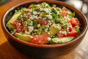 Fresh avocado and tomato salad with feta cheese and herbs in a bowl.