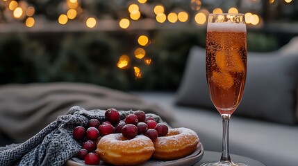 Maple donuts with a sparkling cranberry spritzer and a satin scarf on a cozy rooftop garden