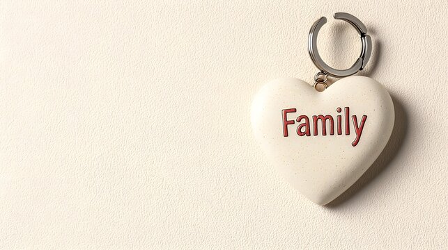 Heart-shaped keychain with Family inscription on soft background, Generative AI.