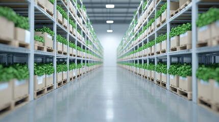 Fototapeta premium Green Herbs Growing in Shelves of Modern Indoor Hydroponic Farm Storage