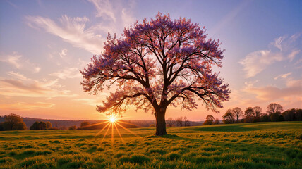 Obraz premium Lone cherry blossom tree in sunset glow