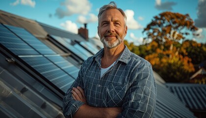 Fototapeta premium Man Stands Proudly Before His Solar Panel Roof