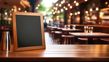 menu frame on wooden table in café, bar, or restaurant with copy space for add text.
