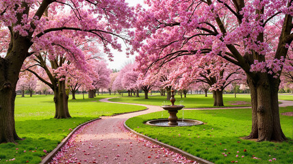 Park pathway surrounded by blooming cherry trees