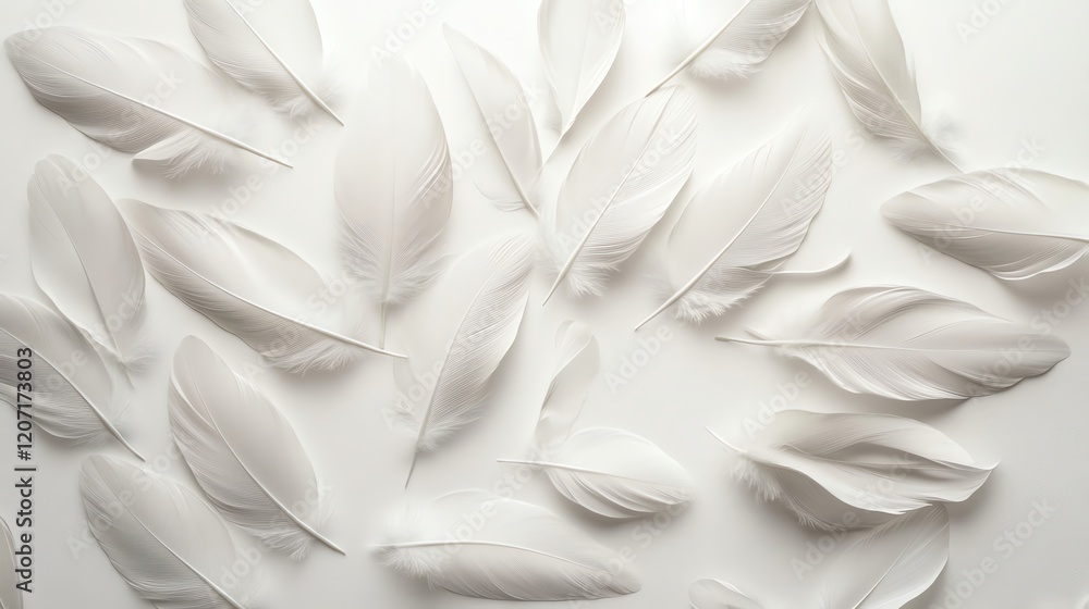 Poster white feathers scattered on a white background, creating a minimalist and delicate pattern.