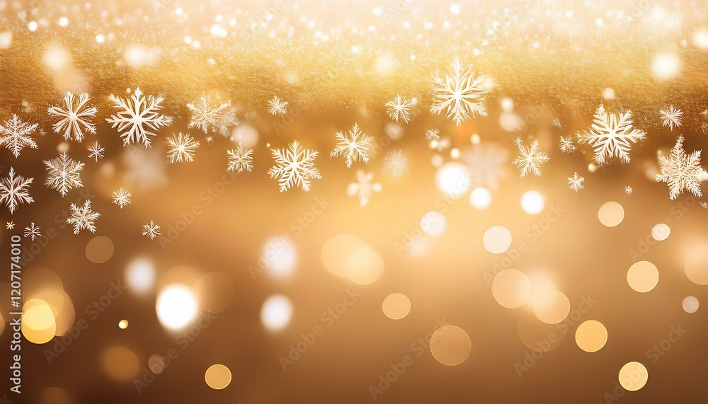 Poster snowflakes on blurred golden background with copy space