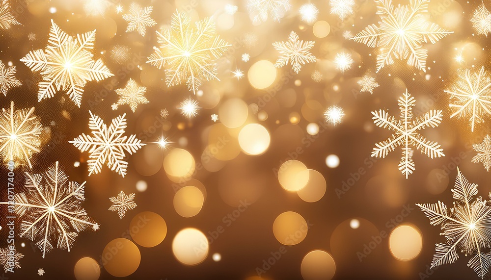 Poster snowflakes on blurred golden background with copy space