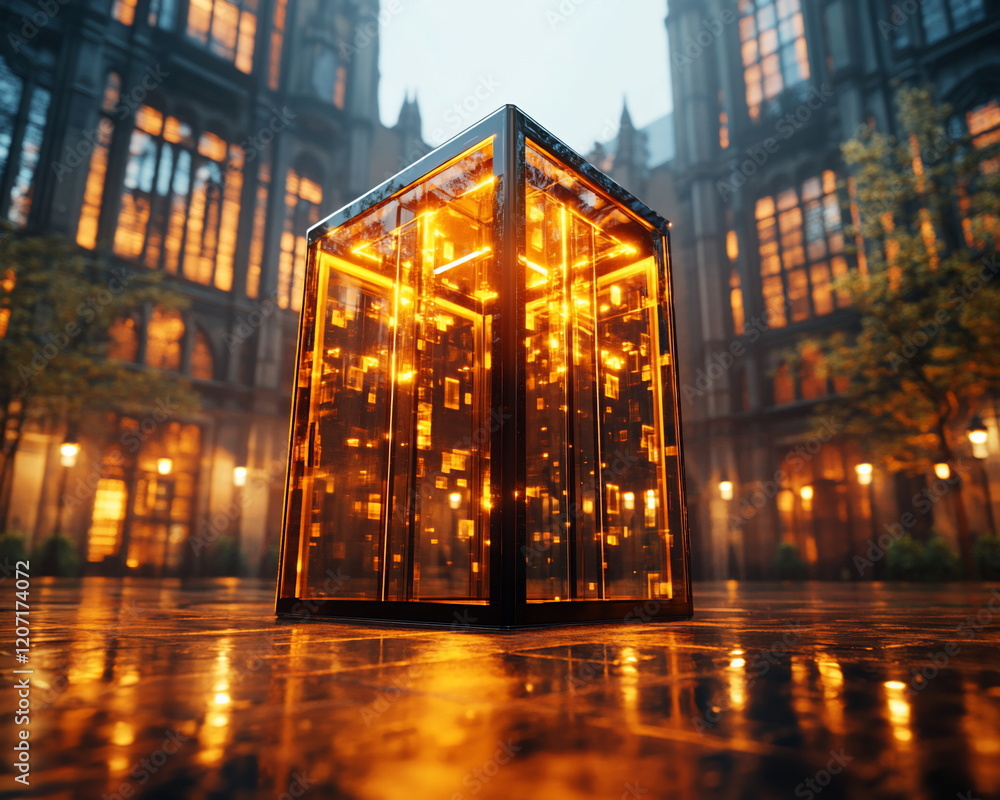 Poster glowing transparent cube in romantic urban setting at twilight