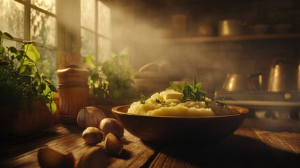 A cozy composition of a bowl of mashed potatoes topped with butter and herbs, placed on a rustic wooden table for a comforting meal vibe