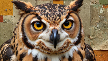 Close-up portrait of a wise-looking owl with striking yellow eyes against a textured background
