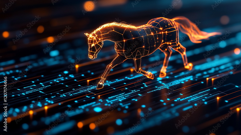 Poster futuristic digital horse running on neon data stream background
