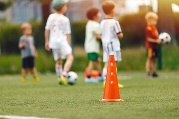 Physical Education Class For School Kids. Little Boys With Soccer Balls on Training Drill. Children...
