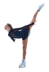 Elegant, talented, beautiful teen girl in dark blue stage costume, figure skater performing...