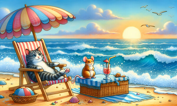 Katze und Maus im Urlaub am Meer mit Liegestuhl, Ozean und Getr&auml;nk