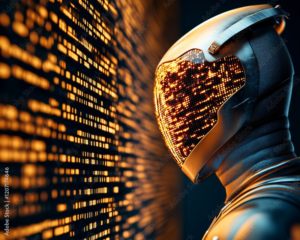 Aufkleber Futuristic Robot in Metallic Suit with Glowing Data Patterns on Wall