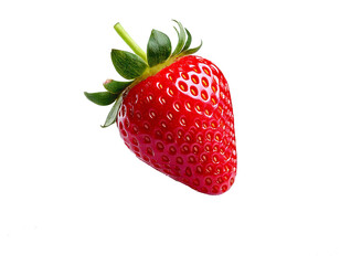 Transparent PNG format, single red strawberry with seeds, green calyx, realistic style, high resolution, isolated, clean edges, no background, vivid colors, natural texture, fresh appearance.

