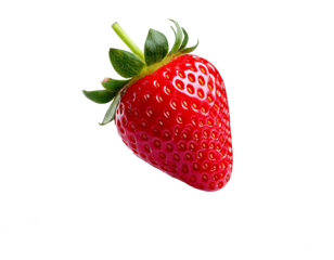 Transparent PNG format, single red strawberry with seeds, green calyx, realistic style, high resolution, isolated, clean edges, no background, vivid colors, natural texture, fresh appearance.

