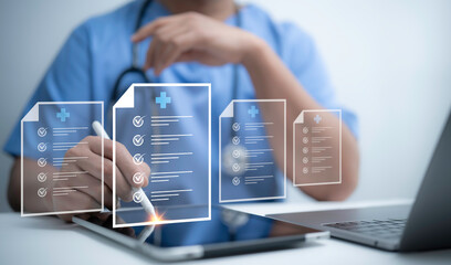 Digital medical checklist integrated with advanced healthcare technology. A professional doctor...