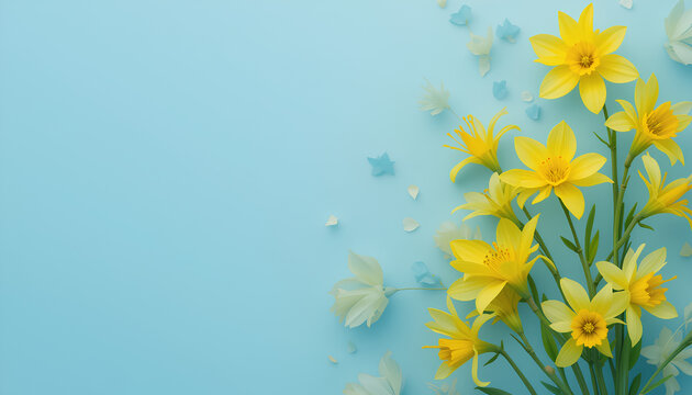 Yellow narcissus flower on blue pastel background with space. yellow dafodil flowers. 