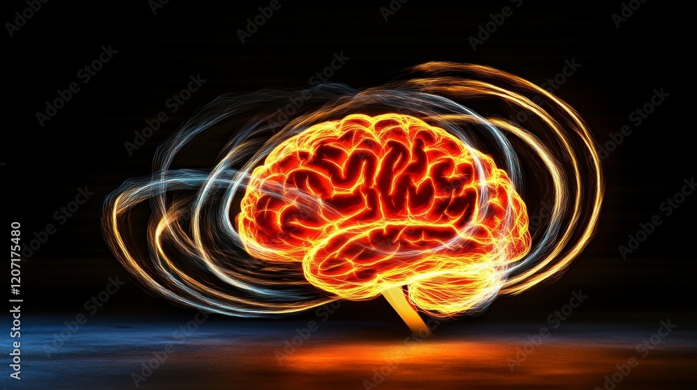 Aufkleber a creative composition of a brain surrounded by light trails, symbolizing electrical impulses and th