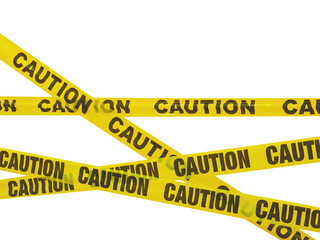 Set of yellow warning tape and black word caution isolated on white.