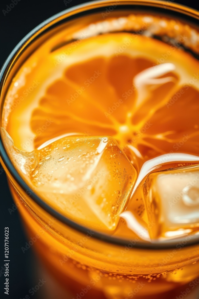 Poster refreshing citrus beverage with ice cubes. close-up view highlighting the vibrant color and bubbly t