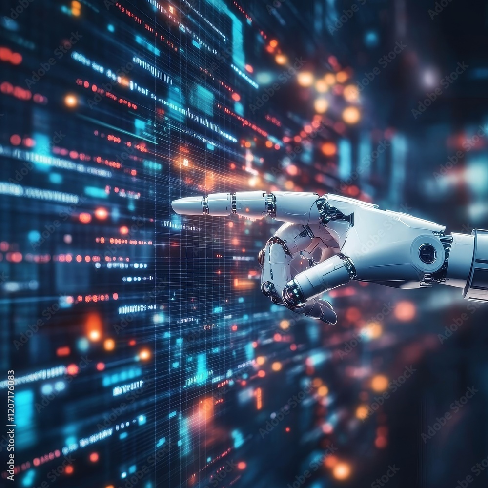 Aufkleber Robotic hand interacting with digital data stream.