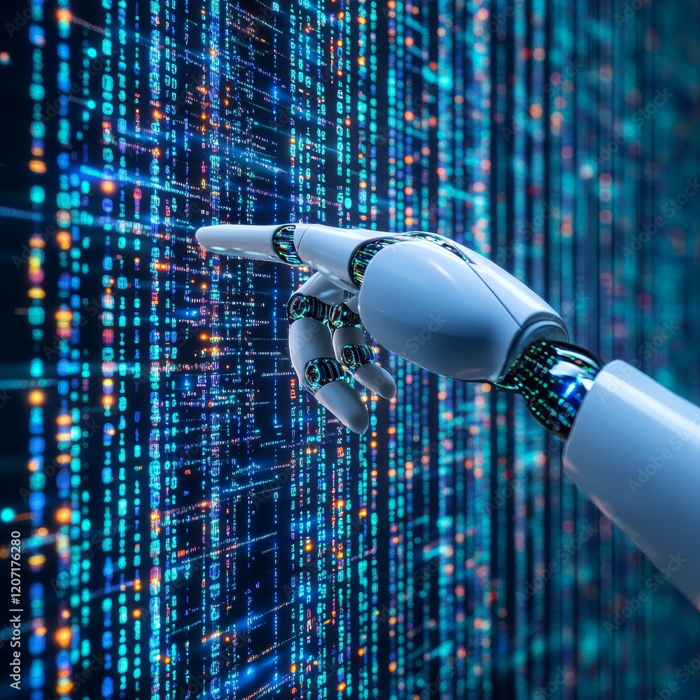 Poster Robotic hand interacts with digital binary code on a screen.