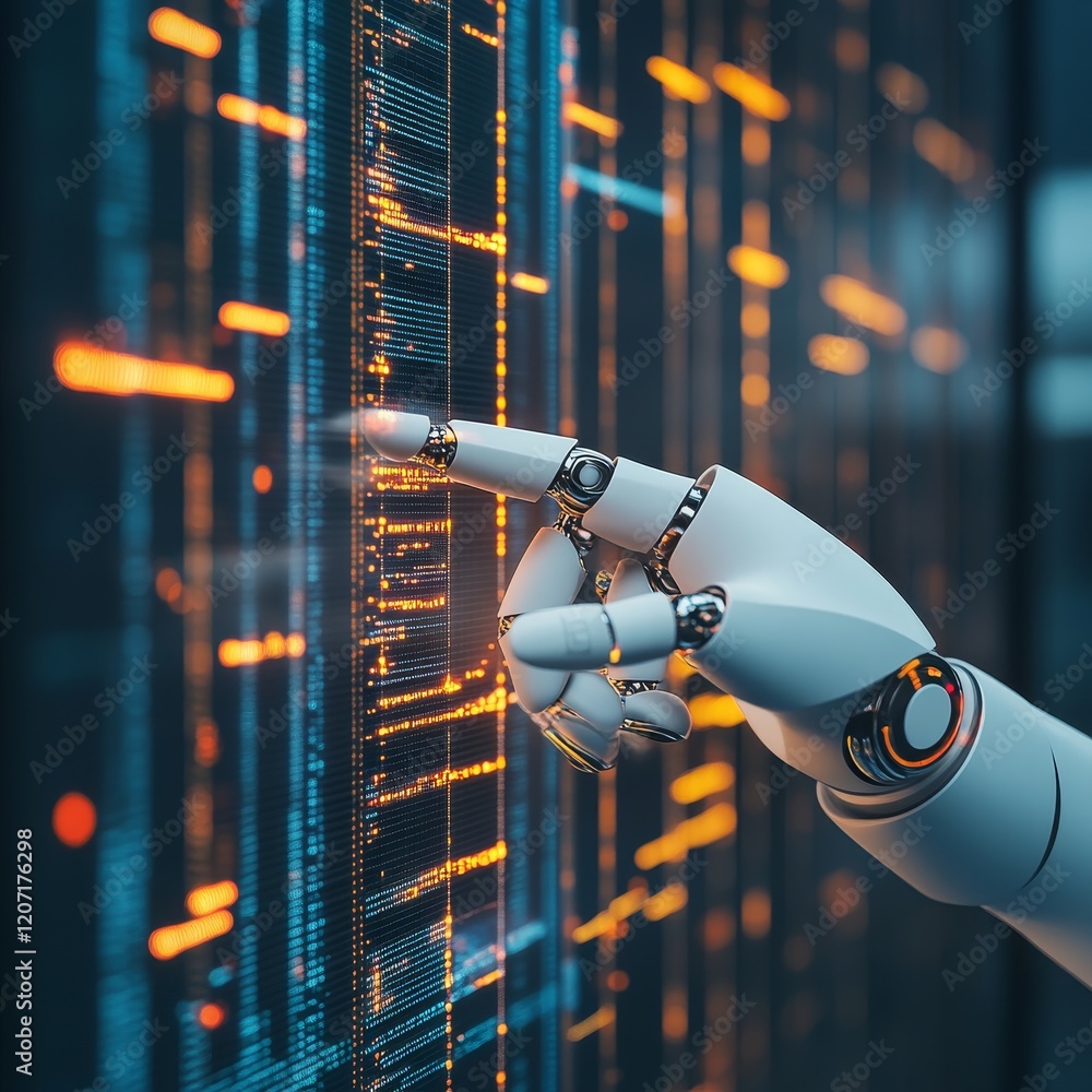Poster Robotic hand interacting with digital code on a large screen.