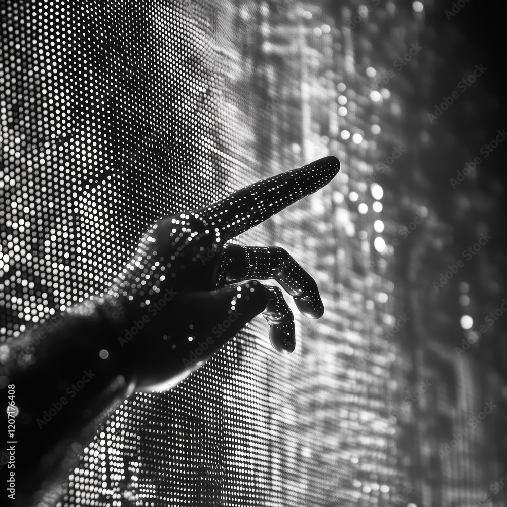 Aufkleber Hand interacting with a digital screen, showcasing futuristic technology and data visualization.