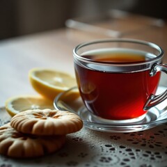 Warm cup of tea with lemon slices and buttery cookies. Perfect afternoon treat!