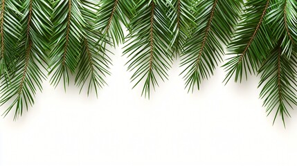 Fresh green pine branches hanging against a clean white background creating a simple border