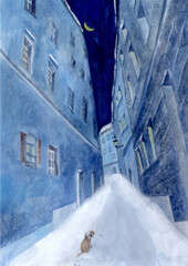 水彩絵の具で描いた三日月の雪の夜と犬の風景イラストレーション