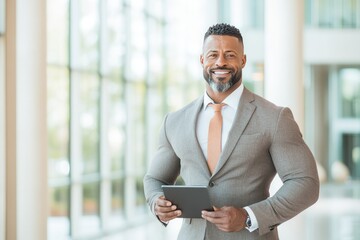 Portrait of a smiling businessman holding a tablet in a modern office.